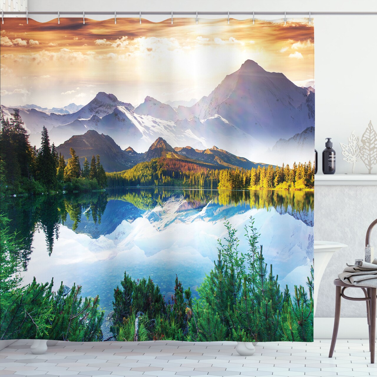 Ambesonne Scenic Decor Collection, Mountain Lake View Sunny Day Nature Picture Art Paintings Effect Print, Polyester Fabric Bathroom Shower Curtain Set with Hooks, Green/Blue/Brown